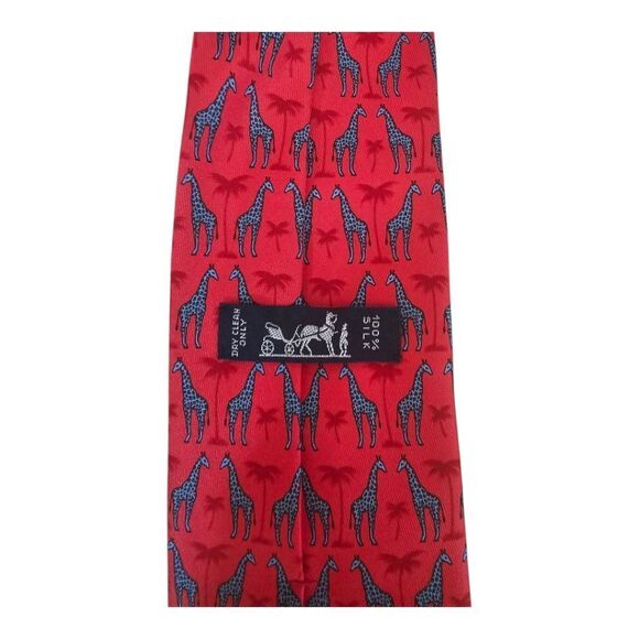 100% REAL HERMES SILK TIE ~ Red with Blue Giraffe - Picture 5 of 7